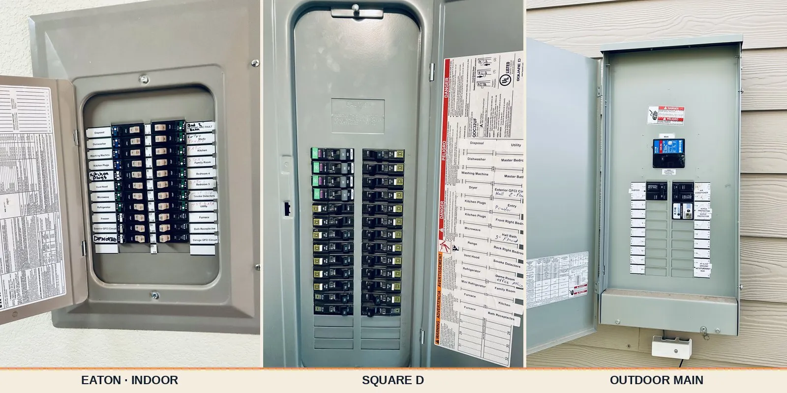 Three residential electrical panels DC Electric services in Austin — an Eaton indoor panel, a Square D panel, and an outdoor main disconnect with surge protection.