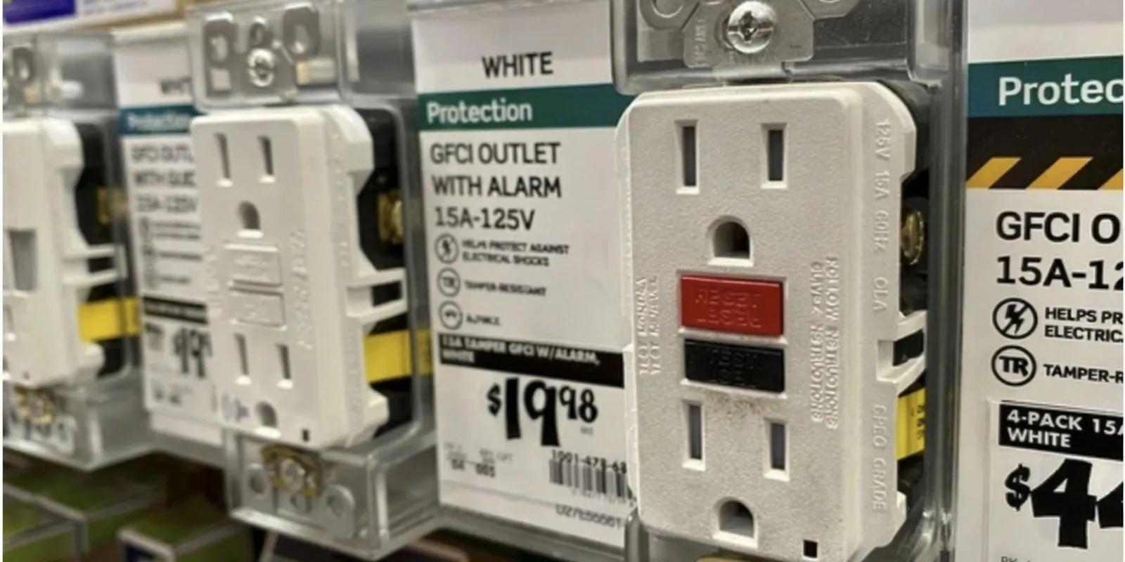 GFCI outlets showing the TEST and RESET buttons that cut power on a ground fault.